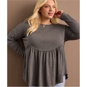 ARULA | Dark Gray Heather Waffle Scalloped Waist Babydoll Long Sleeve Top 2XL B